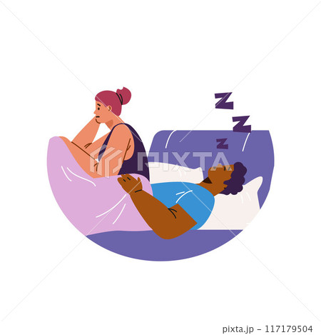 Snoring man and worried woman in bed. Flat style. Sticker. 117179504
