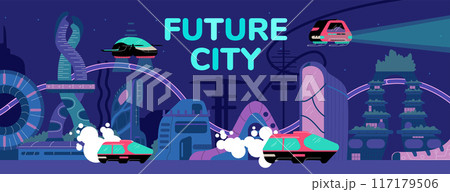 Futuristic future cityscape banner in flat style with place for text. 117179506