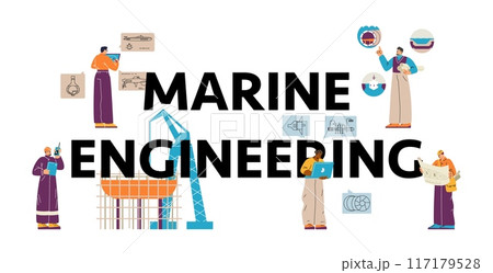 Shipbuilding engineers who create sea vessels. Flat style. 117179528