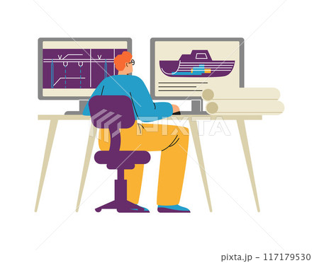 Vector illustration with a marine engineer working at a computer on ship diagrams 117179530