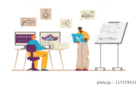 Characters shipbuilders at computers develop schemes. 117179531