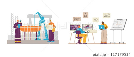 Marine engineer creating machinery construction on computer, shipbuilding mechanic staff, vessel technic crew vector set 117179534