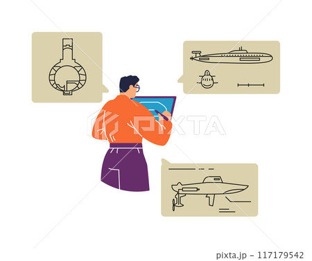 Vector illustration with a marine engineer who is working on drawings of a submarine Vector illustration with a marine engineer who is working on drawings of a submarine 117179542