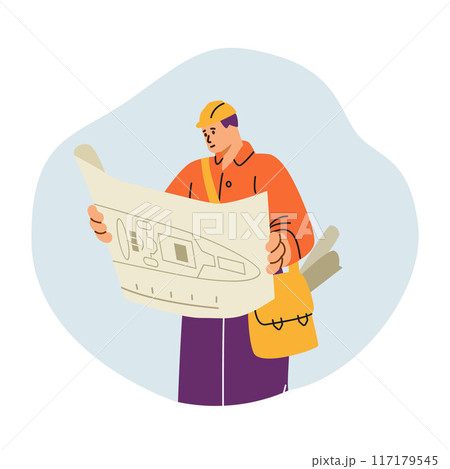 Marine engineer, vessel technical crew inspecting machinery construction on paper diagrams, vector shipbuilding staff Marine engineer, vessel technical crew inspecting machinery construction on paper diagrams, vector shipbuilding staff 117179545