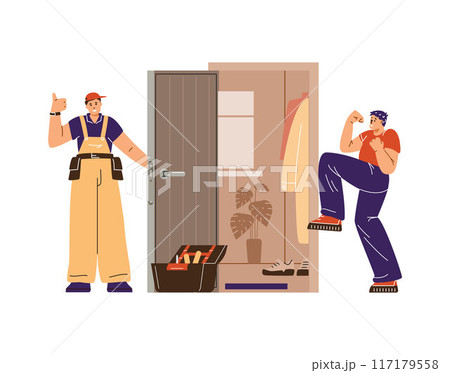 Vector illustration of a satisfied customer and a locksmith installing a door lock 117179558