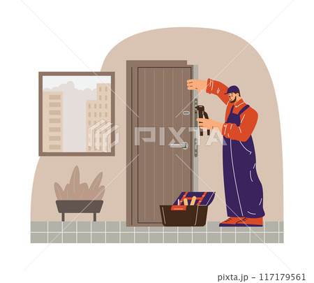 A detailed vector character who performs the installation of the door with a drill A detailed vector character who performs the installation of the door with a drill 117179561