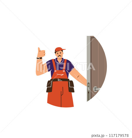 Professional locksmith worker fixed and unlocks the door lock, happy repairman shows thumbs up vector in round frame 117179578