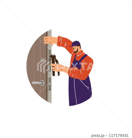 Professional locksmith worker repairing a door lock using special tools, maintenance service vector in round frame 117179581