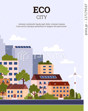 Green city poster with modern cityscapes and space for text. 117179587