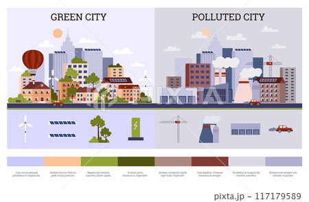 Eco friendly green city with parks, polluted city with factory plants smoking pipes, vector clean or dirty environment 117179589