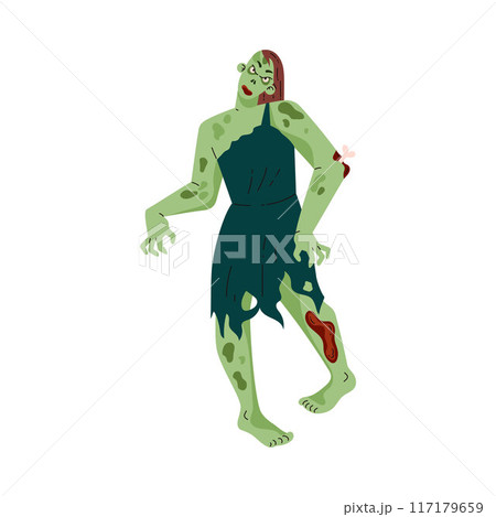 Creepy zombie woman corpse, vector flat rotting cadaver, walking dead, cartoon dead human body Halloween monster 117179659