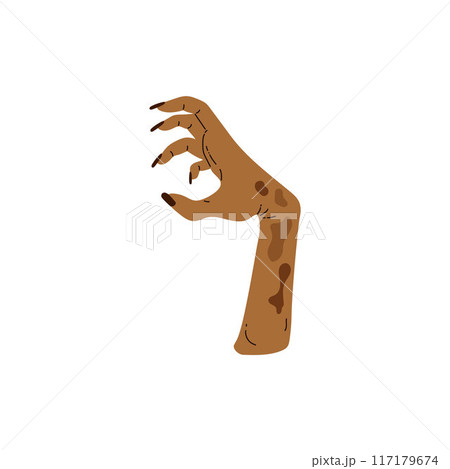 Creepy Zombie hand reaching up vector icon, dead human body limbs with rotting flesh, Halloween monster corpse arm 117179674