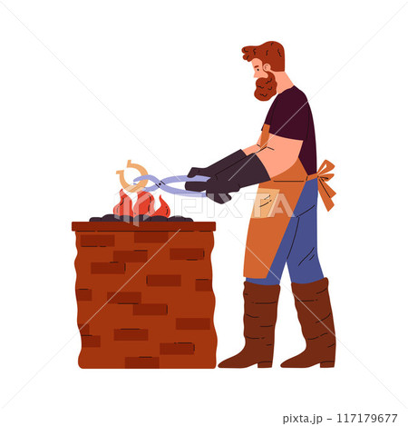 Blacksmith wearing leather apron and gloves heating horseshoe in fire using tongs, vector cartoon farrier worker smith 117179677