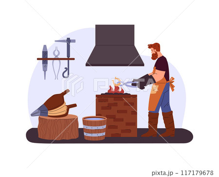 Blacksmith wearing leather apron and gloves heating horseshoe in fire using tongs, vector farrier worker in the smithy Blacksmith wearing leather apron and gloves heating horseshoe in fire using tongs, vector farrier worker in the smithy 117179678