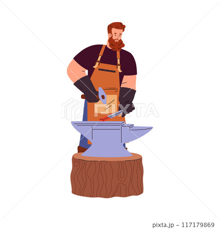Blacksmith man strikes iron piece on the anvil using hammer, vector cartoon professional farrier character hard working 117179869