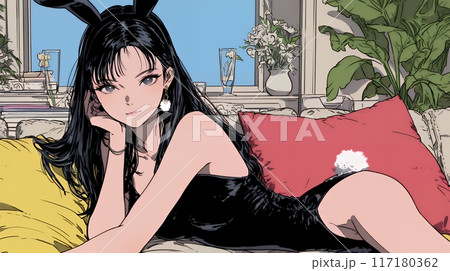 バニーガール：バニーガールコスチュームでソファーに横たわる若い女性