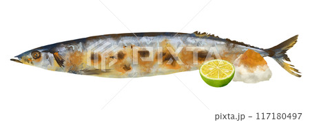 ペン画　焼き秋刀魚　Eguchi ペン画 焼き秋刀魚 Eguchi