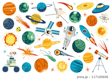 Space vector illustrations set, collection of cosmic objects, planets, stars. Solar system doodle icons, galaxies, asteroids, and comets. Space exploration concept. Astronomy and space science themes 117180606