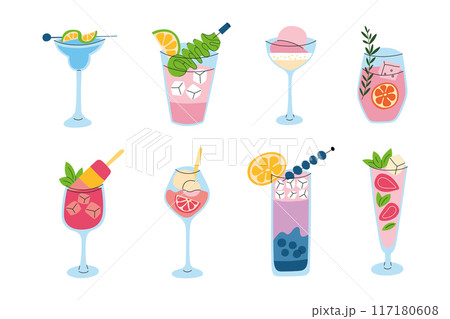 Vector illustration set, a collection of colorful summer drinks, ice cream cocktails and popsicle mocktails. Flat, cartoon-style design with refreshing beverages in glassware with vibrant garnishes 117180608