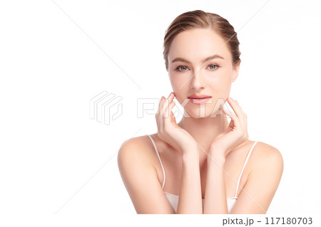 Beautiful young woman with clean fresh skin on white background, Face care, Facial treatment, Cosmetology, beauty and spa, women portrait. Beautiful young woman with clean fresh skin on white background, Face care, Facial treatment, Cosmetology, beauty and spa, women portrait. 117180703