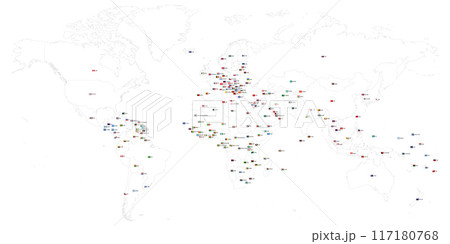 Map of World with flags. Each sovereign country with own name label and national flag in uniform ratio. Vector map with thin black outline borders. 117180768