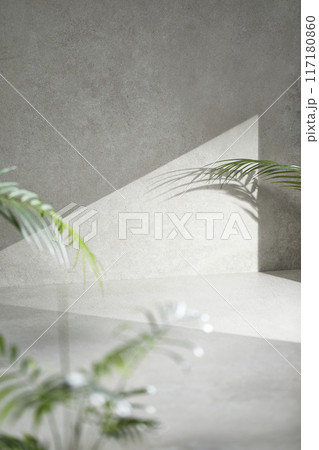 A gray-toned tile background with various props with sunlight coming through the window. A gray-toned tile background with various props with sunlight coming through the window. 117180860