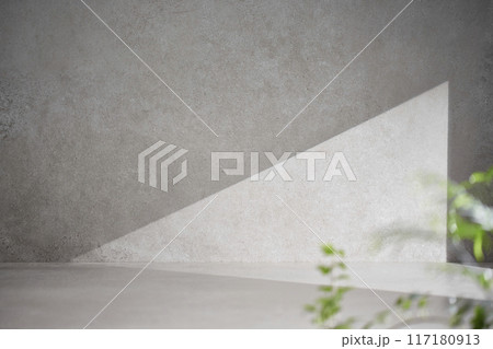 A gray-toned tile background with various props with sunlight coming through the window. A gray-toned tile background with various props with sunlight coming through the window. 117180913
