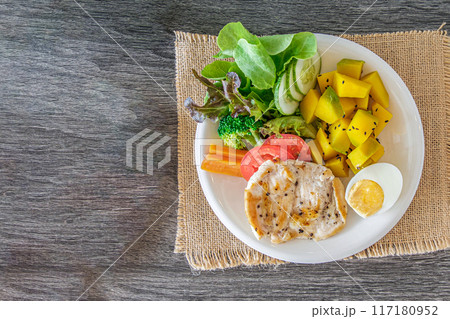 Chicken Breast Salad with Fresh Vegetables and Boiled Eggs, Healthy Food Idea with copy space for your text. 117180952