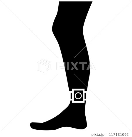 Human legs attached bail RFID tag icon. Portable transceivers transmitts gps location sign. Ankle monitor symbol. Electronic tagging.  117181092