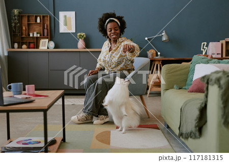 Engaging with pet dog in stylish living room featuring contemporary decor and vibrant elements, creating a sense of comfort and joy 117181315