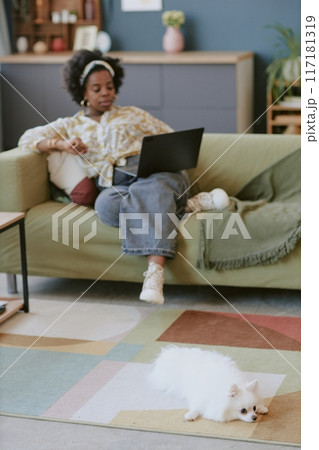 Young woman sitting on modern green sofa with laptop on her lap, looking comfortable and engaged. Small white dog lying on colorful carpet 117181319