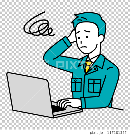 Male worker working on a laptop having trouble 117181335