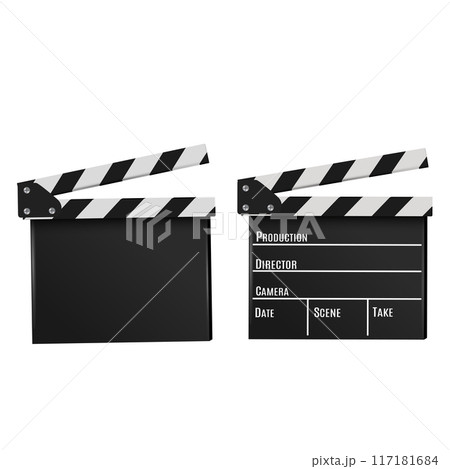 Two clapperboards, one blank and one with labeled sections for production details. Vector Two clapperboards, one blank and one with labeled sections for production details. Vector 117181684