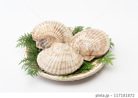 竹ざるに乗ったホタテガイ 117181872
