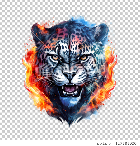 Vibrant illustration of a fierce leopard head surrounded by dynamic flames, capturing the wild spirit and intense energy of nature. Vibrant illustration of a fierce leopard head surrounded by dynamic flames, capturing the wild spirit and intense energy of nature. 117181920