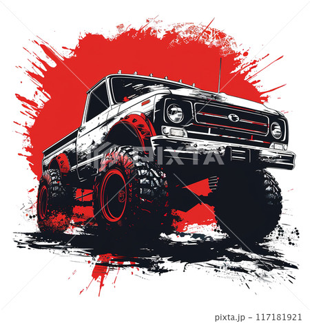 Monster truck in a dynamic splash style, set against a bold red background, capturing a rugged and adventurous vibe. 117181921