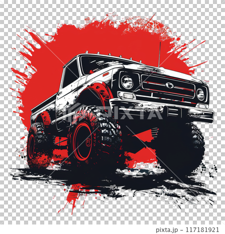 Monster truck in a dynamic splash style, set against a bold red background, capturing a rugged and adventurous vibe. 117181921