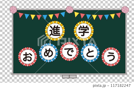 Illustration of a chalkboard decorated with a message of congratulations on entering higher education 117182247