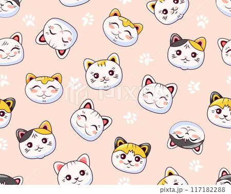 Cute cats seamless pattern. The animal's head is in a flat style. Suitable for printing on paper and fabric. Vector background. Cute cats seamless pattern. The animal's head is in a flat style. Suitable for printing on paper and fabric. Vector background. 117182288