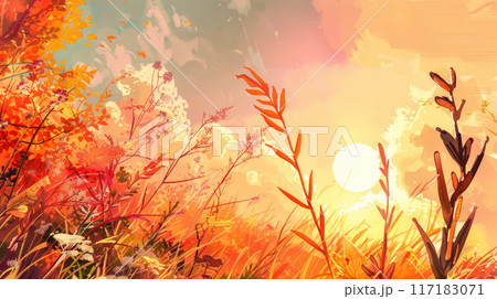 autumn sunset, sky with soft, warm colors. 117183071