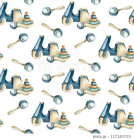 Watercolor kid's seamless pattern with blue wooden bike,pyramid and rattle. Hand drawn children playing toys background for textile, fabric design. Wallpaper, stationery,calendar decor. 117183723