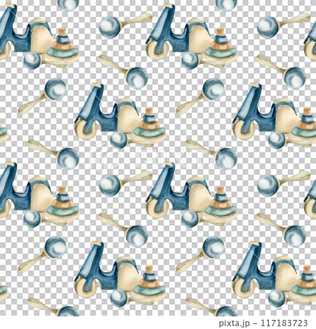 Watercolor kid's seamless pattern with blue wooden bike,pyramid and rattle. Hand drawn children playing toys background for textile, fabric design. Wallpaper, stationery,calendar decor. 117183723