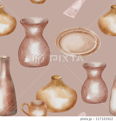 Various pottery different shape and size seamless pattern isolated. Clay dishes handcrafted in neutral tones watercolor print. Pattern with utensil handmade for design textile, package, paper Various pottery different shape and size seamless pattern isolated. Clay dishes handcrafted in neutral tones watercolor print. Pattern with utensil handmade for design textile, package, paper 117183922