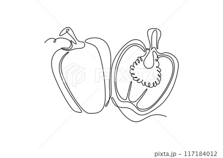 Continuous one line drawing of whole and half sliced healthy organic bell pepper for farm logo identity. Fresh paprika concept for vegetable icon. Single line draw design vector graphic illustration Continuous one line drawing of whole and half sliced healthy organic bell pepper for farm logo identity. Fresh paprika concept for vegetable icon. Single line draw design vector graphic illustration 117184012