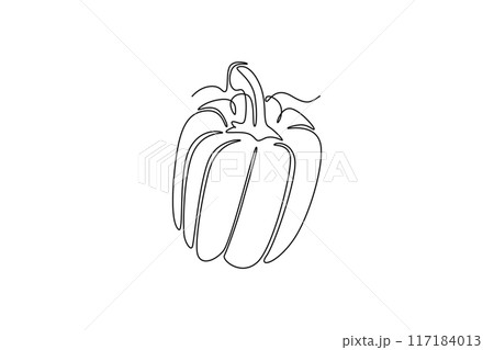 Single continuous line drawing whole healthy organic paprika for plantation logo identity. Fresh bell pepper concept for fruit vegetable icon. Dynamic one line draw graphic design vector illustration Single continuous line drawing whole healthy organic paprika for plantation logo identity. Fresh bell pepper concept for fruit vegetable icon. Dynamic one line draw graphic design vector illustration 117184013