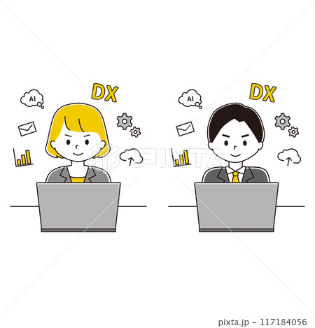 DX化で業務の効率化が進んだ男性と女性のイラストセット 117184056