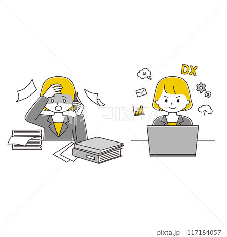 アナログ業務からDX化で業務の効率化が進んだ女性のイラストセット アナログ業務からDX化で業務の効率化が進んだ女性のイラストセット 117184057