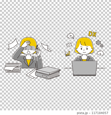 アナログ業務からDX化で業務の効率化が進んだ女性のイラストセット アナログ業務からDX化で業務の効率化が進んだ女性のイラストセット 117184057