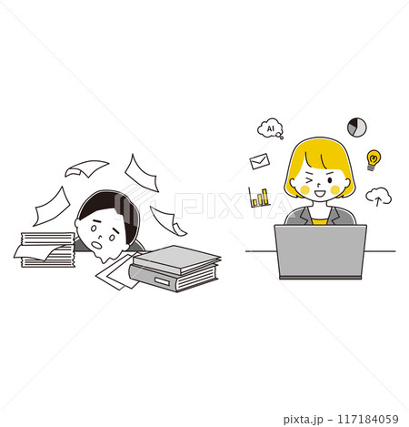 アナログ業務で限界な男性とDX化で業務の効率化が進んだ女性のイラストセット 117184059