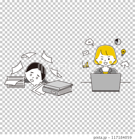 アナログ業務で限界な男性とDX化で業務の効率化が進んだ女性のイラストセット 117184059